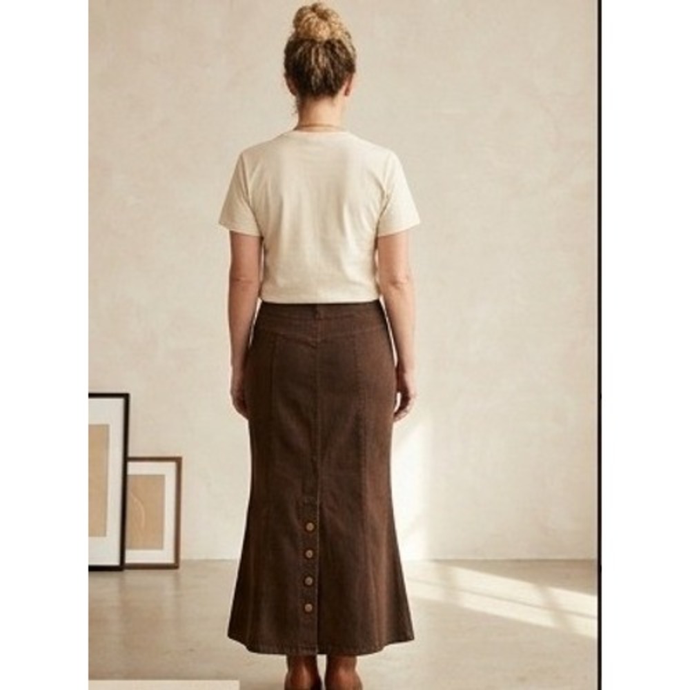 New York Clothing Co Brown Denim Mermaid Maxi Skirt Stretchy Paneled Size 10 - Picture 3 of 7